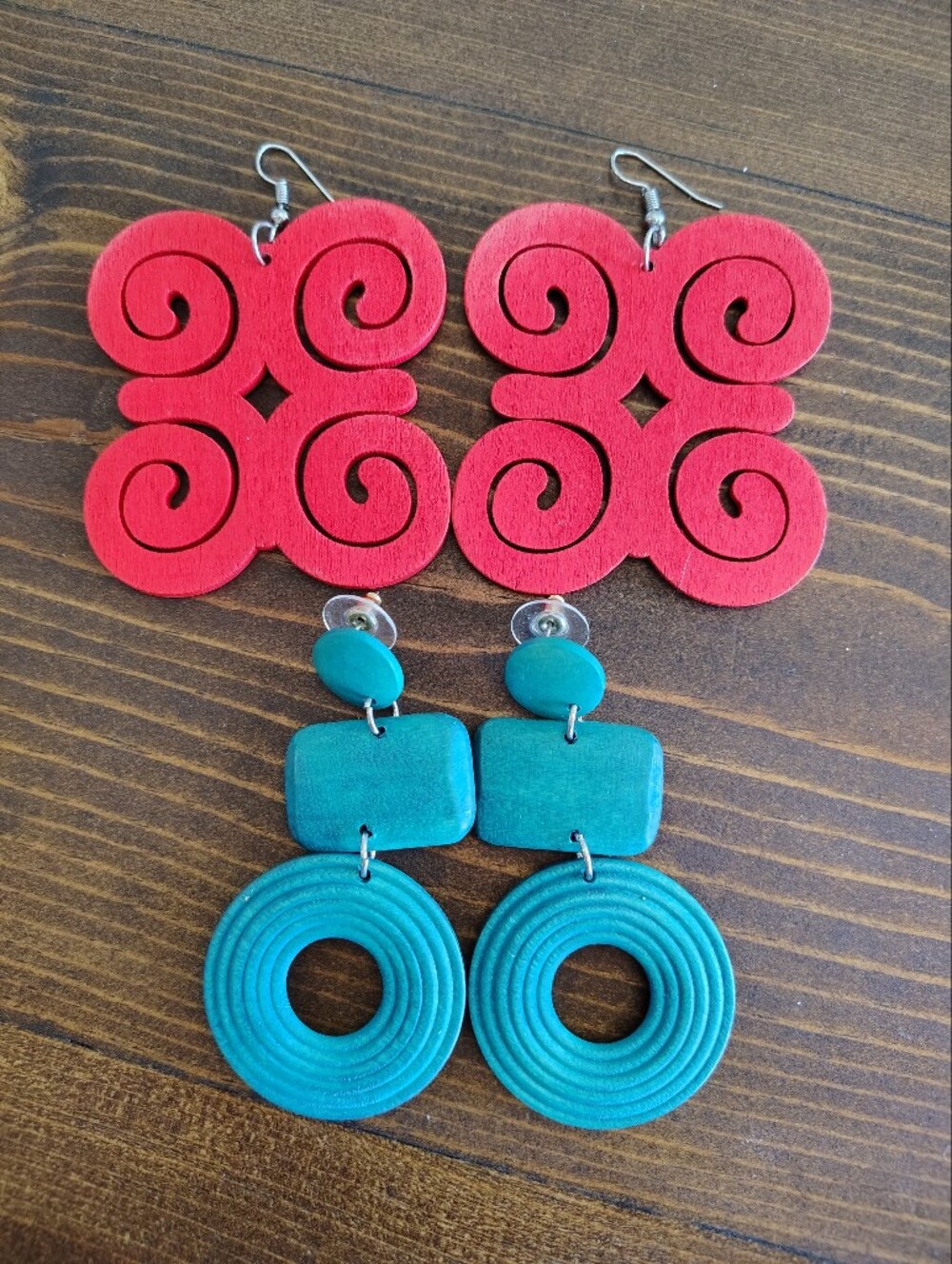 Bundle Of 2 Handcrafted Red and Teal Drop Earrings - Lightweight Women’s Jewelry